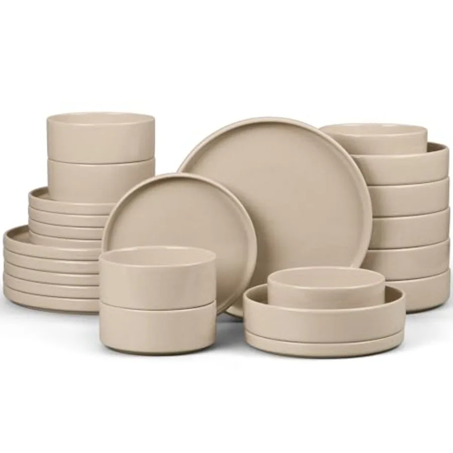 

Dinnerware Sets with Pasta Bowls, 24-Piece Stoneware Plates and Bowls Sets for 6 Microwave and Dishwasher Safe Kitchen Modern D
