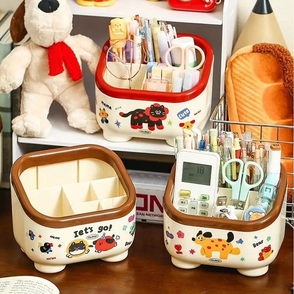 

Cartoon Desktop Pen Holder Multi Grid Large Capacity Stationery Storage Box with Random Stickers Non-slip Desktop Container