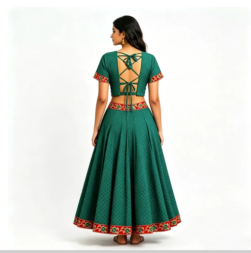 Diamond studded green Indian Katak dance dress three piece performance outfit practice set