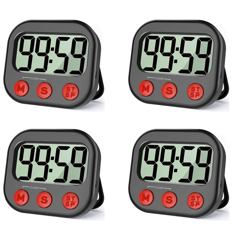 4X Kitchen Timer, Digital Visual Timer Magnetic Clock Stopwatch Countdown Timer, Large LCD Screen Display For Cooking