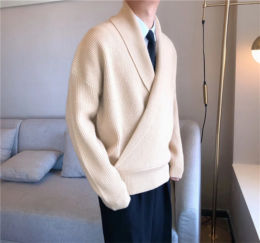 Nuevo 2026 Jersey para hombre, suéter informal holgado con cuello en V grande para hombre, prendas de punto para primavera y otoño, abrigo de punto liso con cuello vuelto perezoso