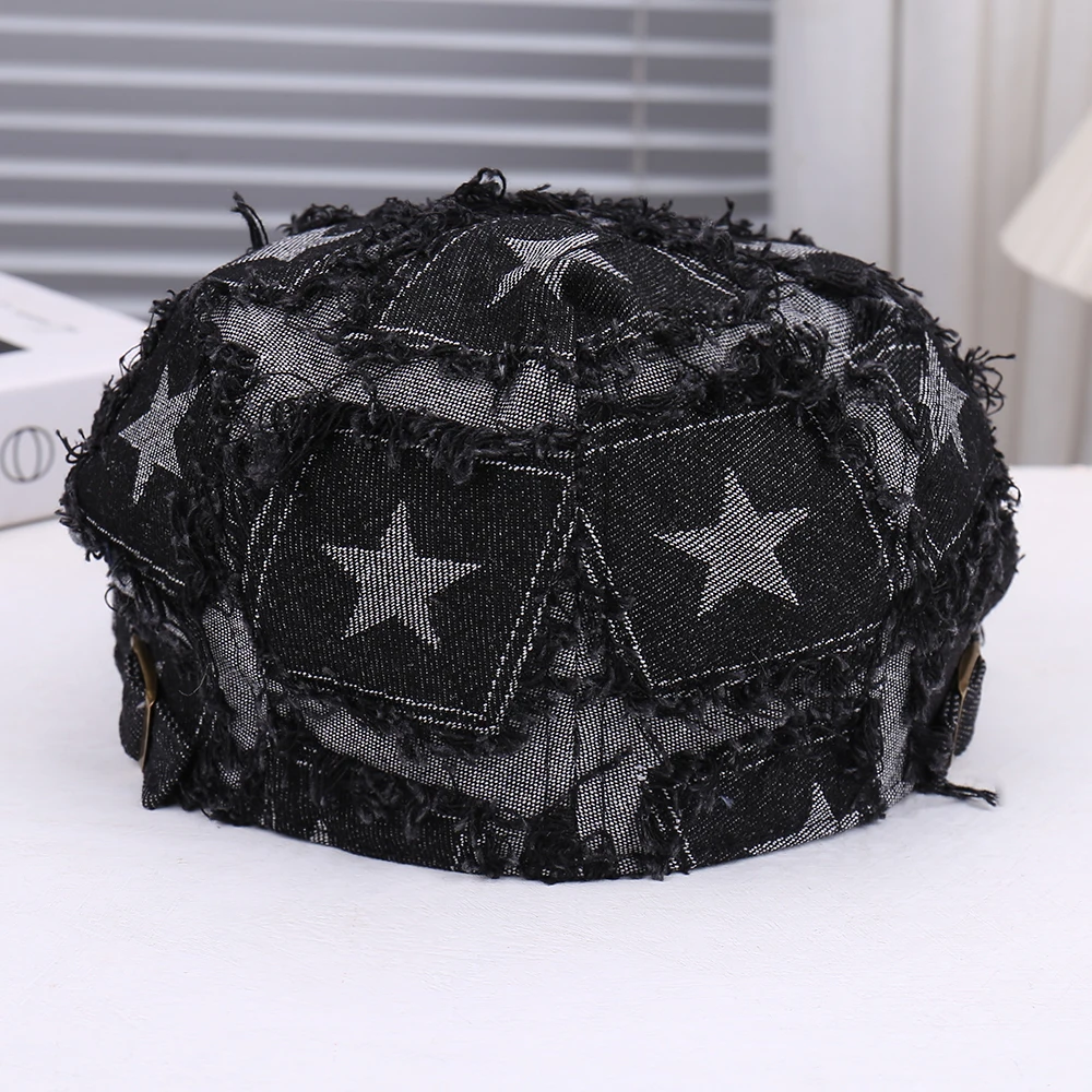 Modieuze denim pet met sterrenborduurwerk, ademend, comfortabel, veelzijdig, reisfotografie, emmerhoed voor buitenkleding