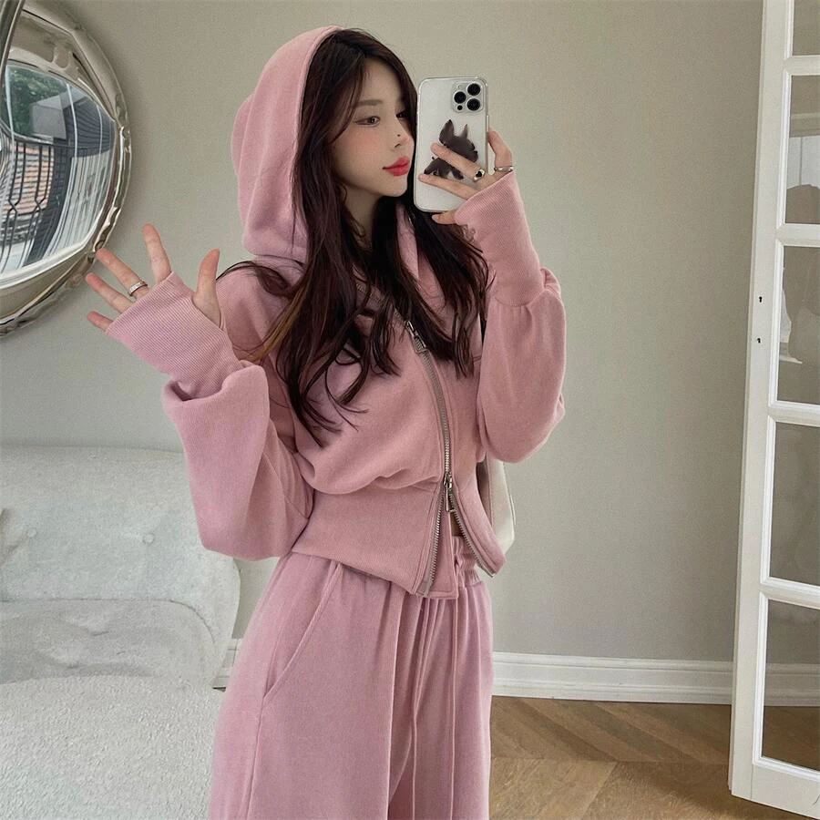 Woman\'s Winter Japanese Street Hooded Sweater Coat Wide-leg Pants Suit Retro Casual Zipper Sweater Cardigan Pants Two-piece Set