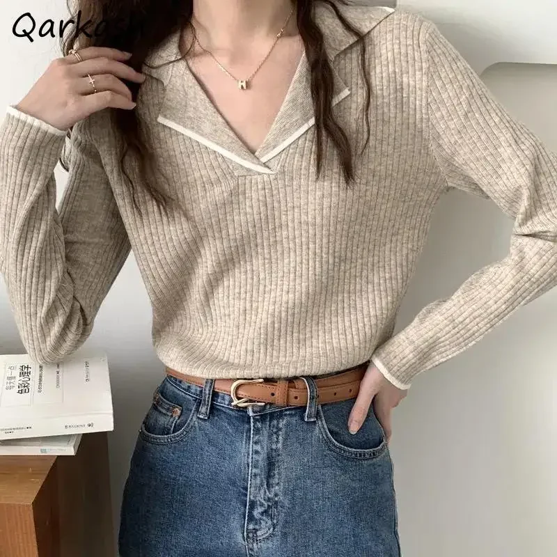 

Pullovers Women Elegant Sweater Slim Simple Autumn 4 Colors Stylish Vintage Harajuku Tender Preppy Basic Turn Down Collar Chic