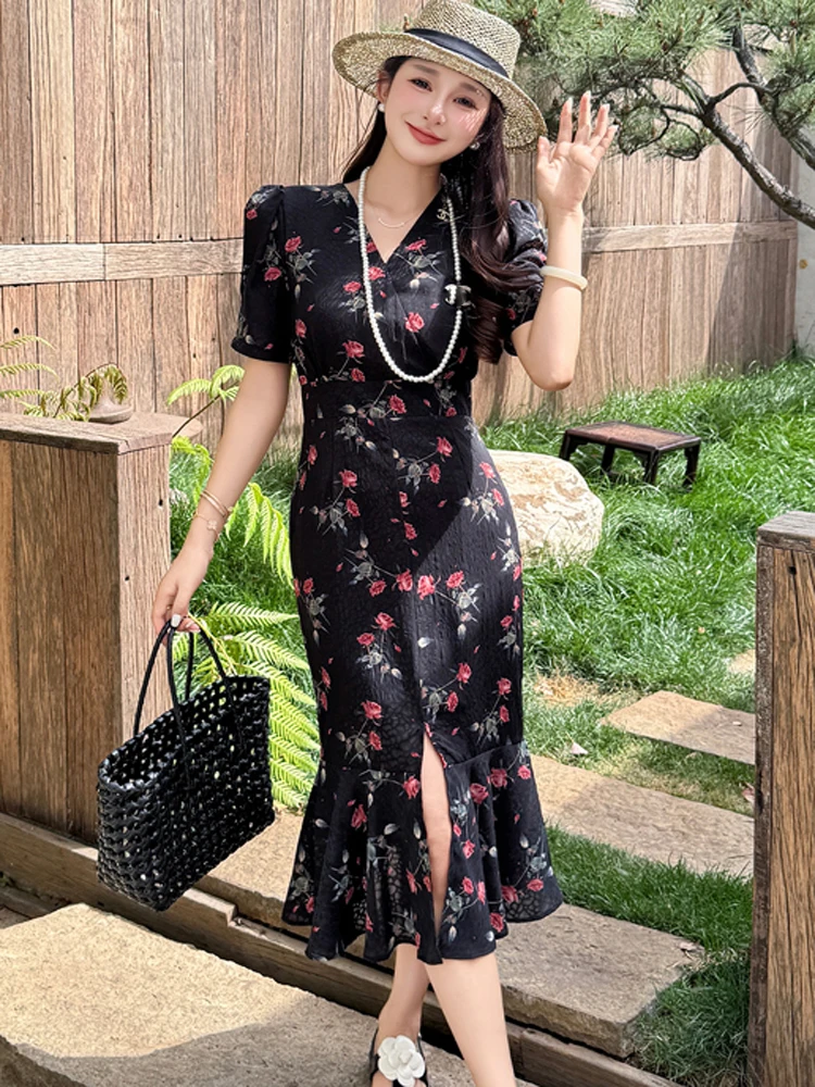 

Elegant Fashion Floral Print Party Dresses Women 2025 Summer New V-Neck Short Sleeve Slim Ruffle Mermaid Evening Dress Female