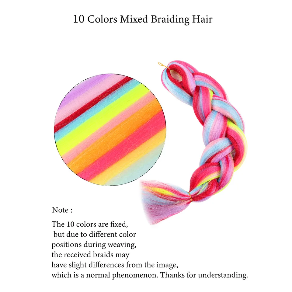 Cabello para trenzar jumbo en colores arcoíris, mezcla de fibra, giros coloridos sedosos, trenzas sintéticas de colores 5