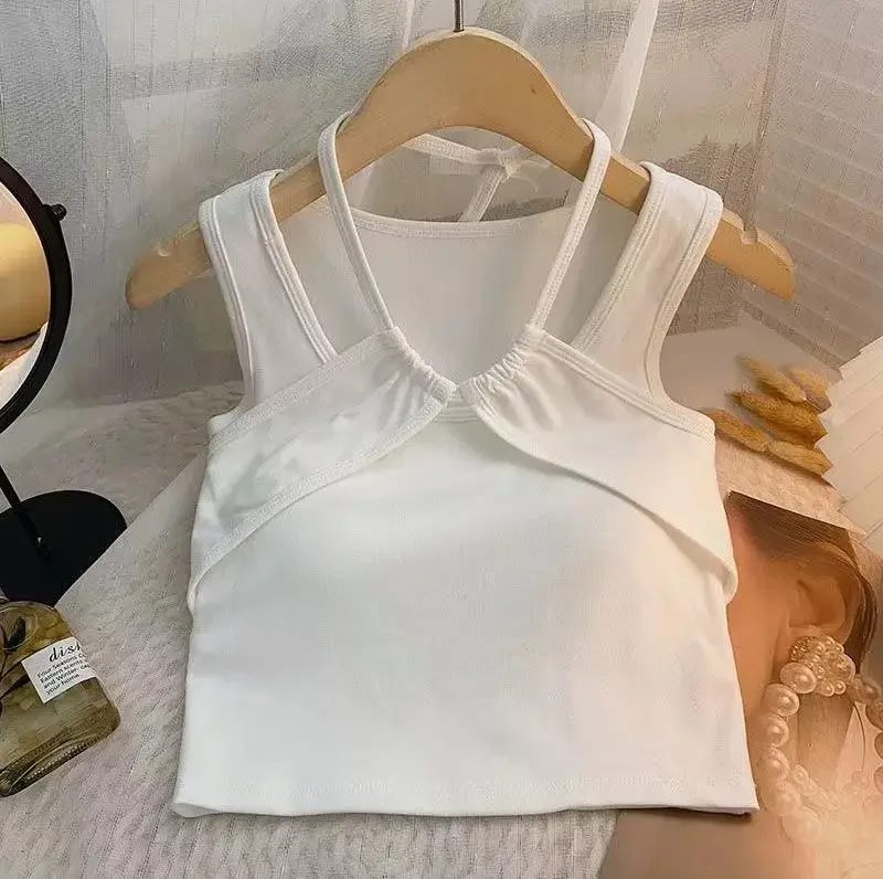 

2025 crop top vest kids clothes underwear pleated streetwear 3 to 16 yrs teenage girls halter tank top hanging neck camisole