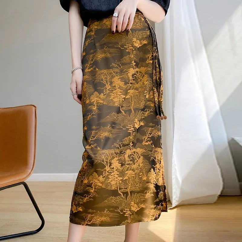 Silk Acetate Satin f Skirt Women's High Waist A-Line Midi Summer Faion Retro Versatile Long Skirt Floral Print Commute S...