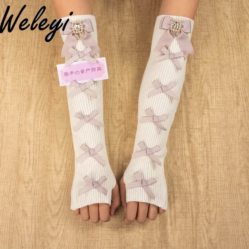 Japanese Cute Accessories Mine Bow Arm Warmer Y2k Long Knitted Hand Sleeve Fall Mass Production Elastic Yarn Gloves Oversleeve