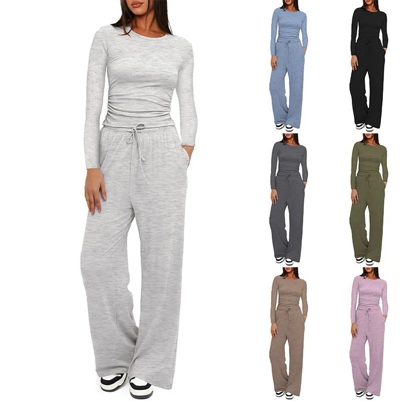 

New Fashionable Individual Products Solid-color Casual Long-sleeved Suit Tops High-waisted Wide-leg Pants Comfortable Sportswear