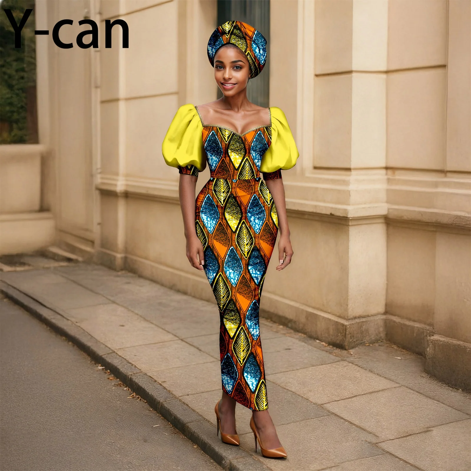 Ankara Fashion Puff Sleeve Women Slim Fit Dress Patchwork Dashiki Ankara Print Vestidos With Headscarf African Style 2525180