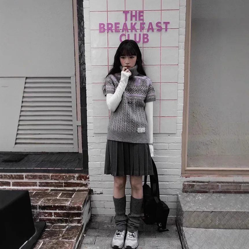 

Women Short Sleeve Knitting Sweater 2025 Autumn Winter Fair Isle Sweater Women's Mock Neck Waist Fit Preppy Versatile Knit Top