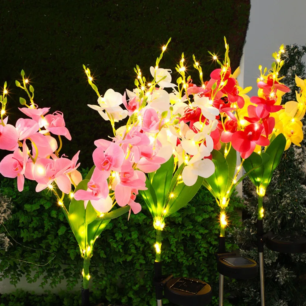 Solar Powered Phalaenopsis Orchid Stake Lights, Artificial Butterfly Orchid LED Ground Lamp for Outdoor Lawn Yard Gard Decor