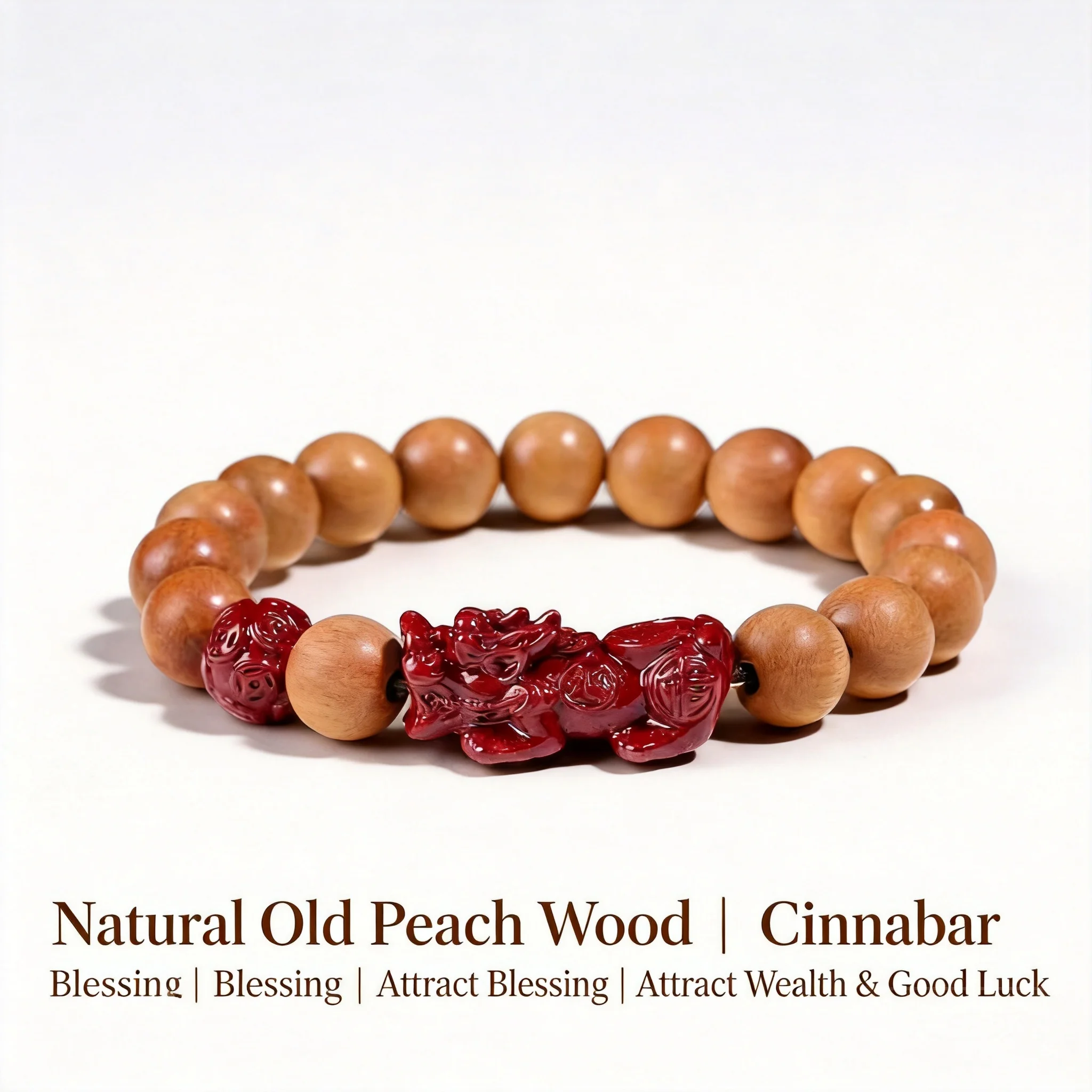Chinese Fengshui Lucky Wealth Attracting Pixiu Bracelet Natural Old Peach Wood Cinnabar Handmade Beaded Bracelet 8mm 10mm 12mm
