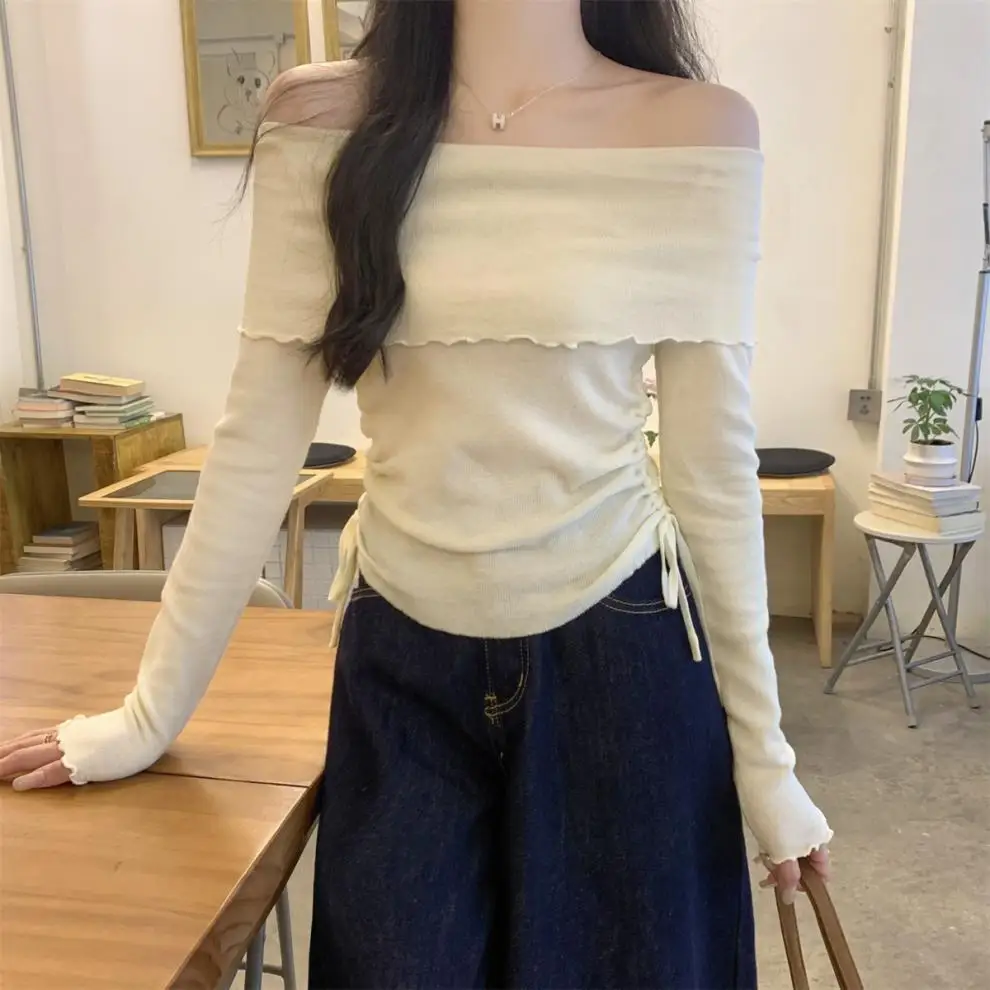 Autumn and winter pure color sexy one-shoulder drawstring sweater bottoming sweater top