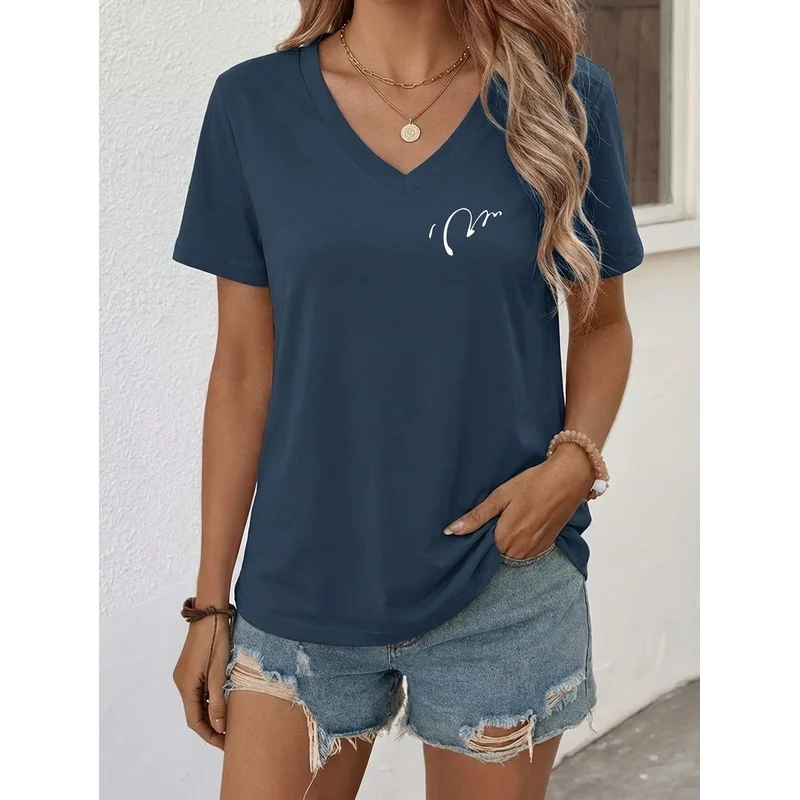 V-Neck Short-Sleeve T-Shirt, Featuring a Easy Heart Print. The Pure Fabric Is Comfortable And Has a Quality Feel, Making