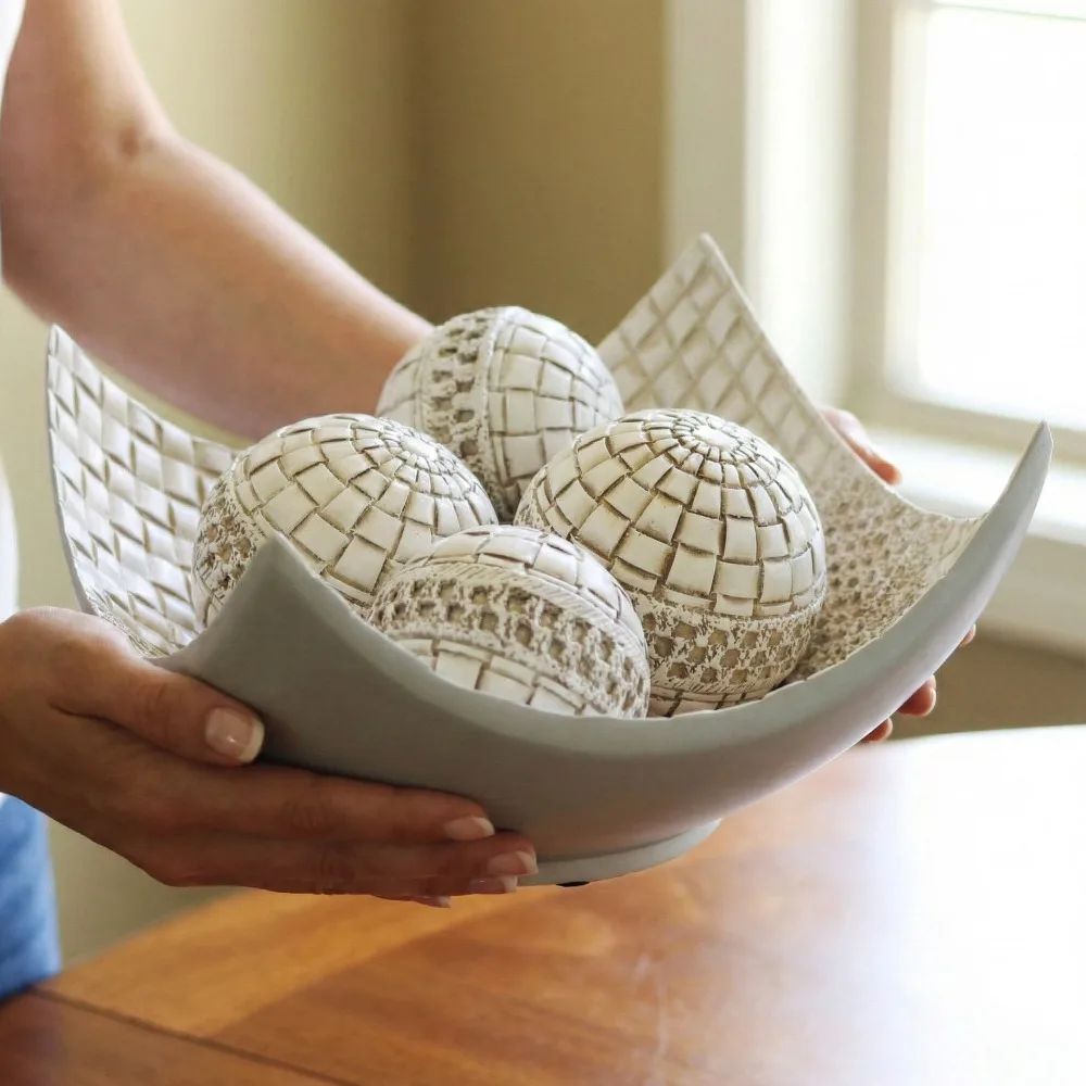

5pc Large Decorative Centerpiece Scoop Bowl Set – Elegant and Functional Bowl with Matching Decorative Balls/Orbs – Perfect for Dining Tables, Coffee Tables, Consoles, or Mantels – Adds a Touch of Modern, Rustic, or Traditional Style to Any Room