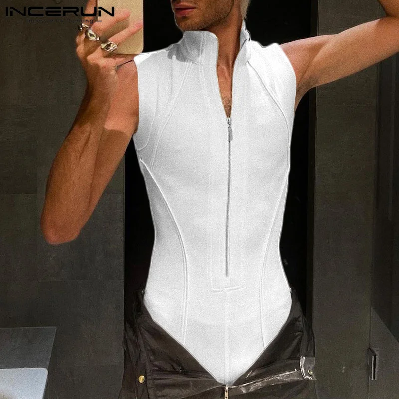 2023 Men Bodysuits Lapel Sleeveless Streetwear Zipper Fitness Male Rompers Tank Tops Solid Color Sexy Bodysuit Men S-5XL INCERUN