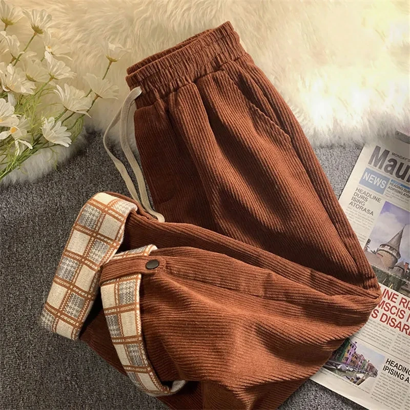 

Fashion Plaid Hemming Women Corduroy Pants High Waist Fall Black Korean Loose Straight Trousers Casual Drawstring Pants