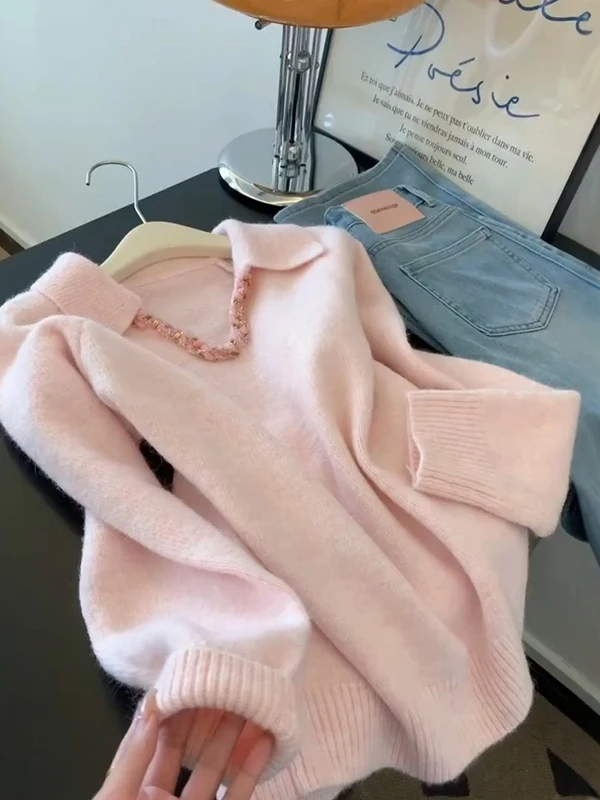 

2025 Winter New Sle Women's Pink Long Sve Knitted Sweater Soft Commute Sle Versatile Slimming Sweet Knitwear