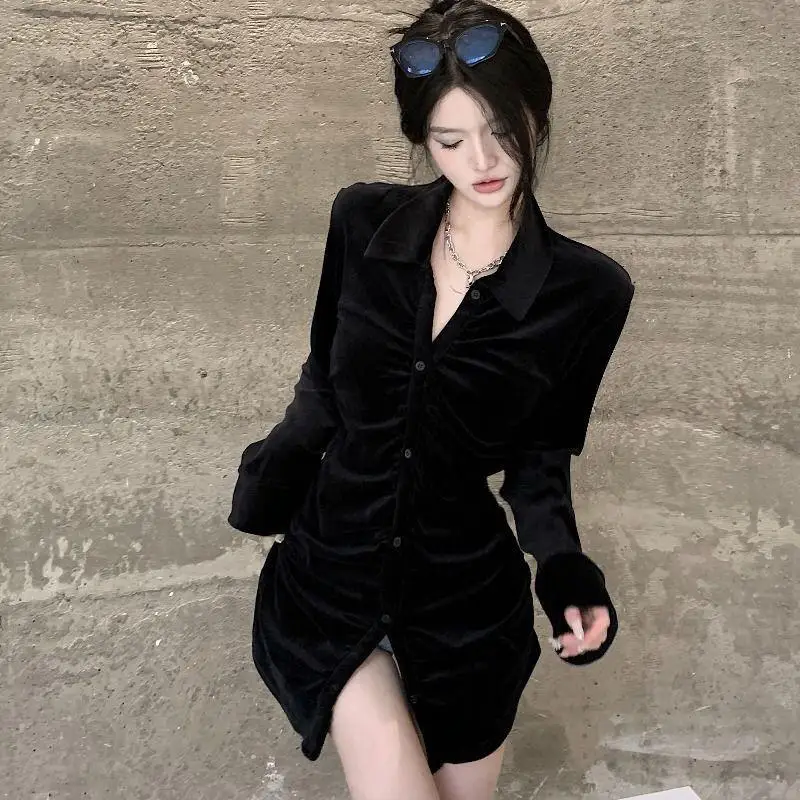 

Stunning Pleated Bla Slim Fit Velvet irt Women's Autumn Winter New Sle Retro Hong Kong Flavor Mid-Length Small irt Top