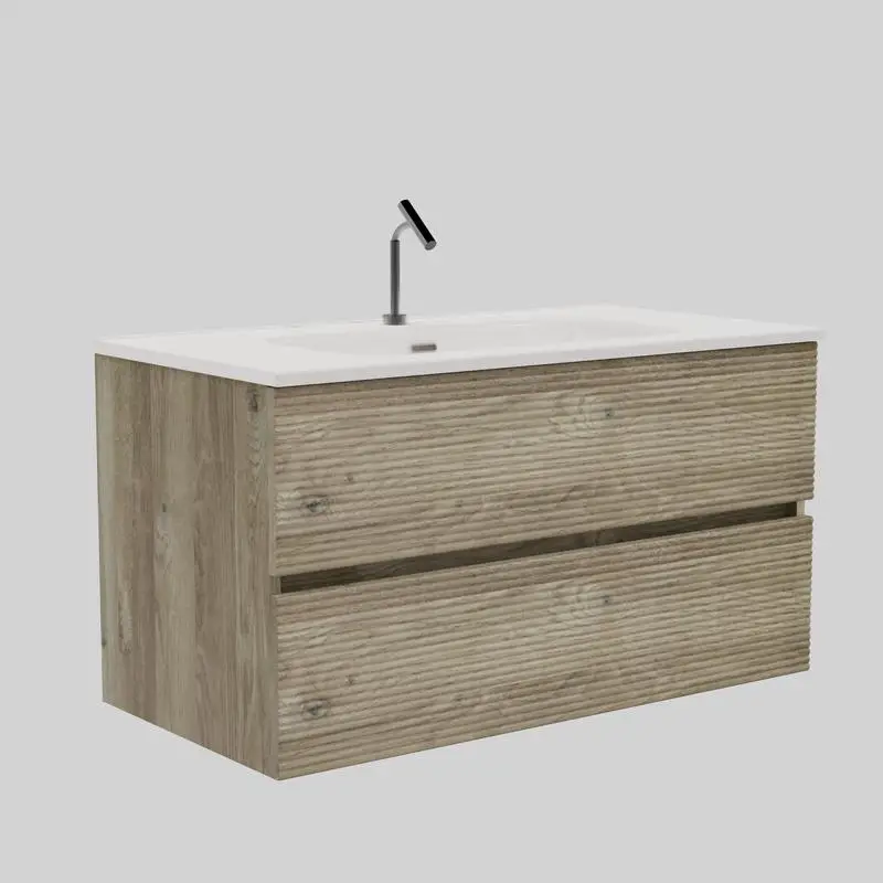 36" Wall Mounted Rough Oak Bathroom Vanity with Integrated Ceramic Sink and Overflow, Spacious Floating Vanity for Modern