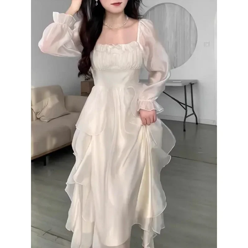 

2023 Summer Pink Chiffon Vintage Fairy Dress Women Korean Style Elegant Party Midi Dress Female Court Retro Flare Sleeve Dresses