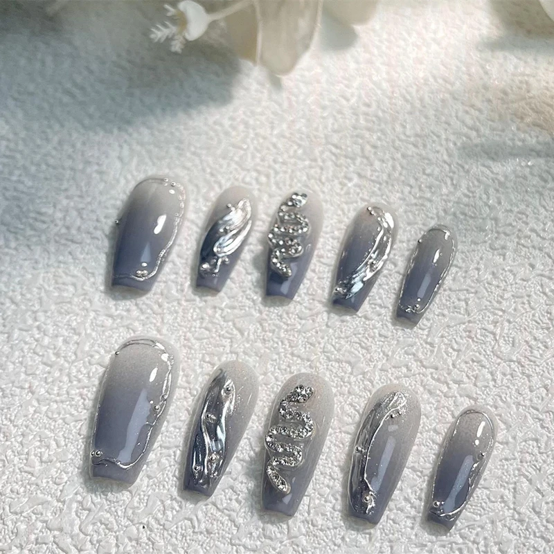 Korean Nails Press on Handmade Nails with Silver Snake Gradient Fake Nails Long Coffin Acrylic Rewearable False Nails Tips Art