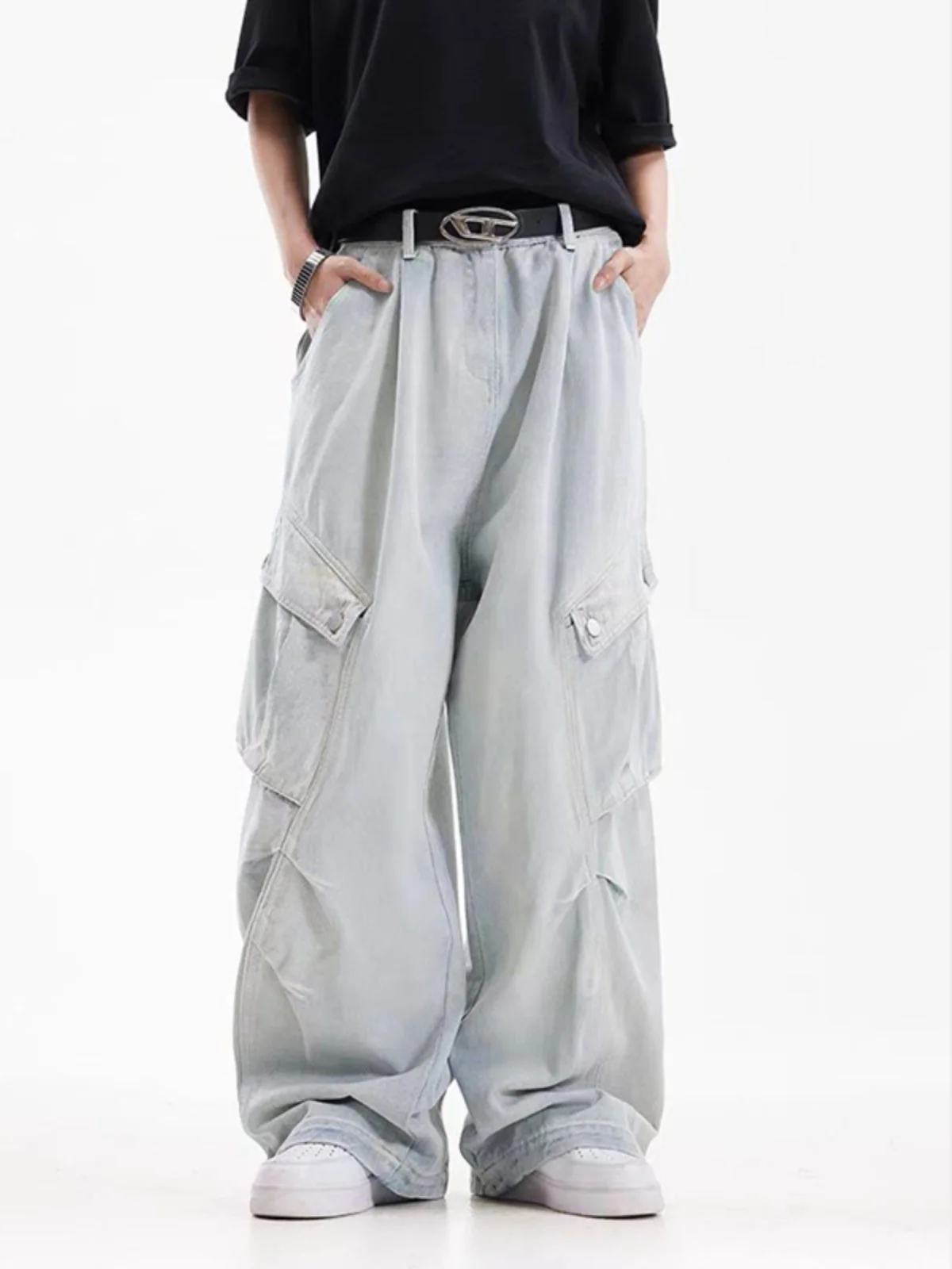 

Винтажные светло-голубые джинсы со свободной талией в американском стиле для мужчин и женщин, широкие брюки большого размера, повседневные брюки прямого кроя