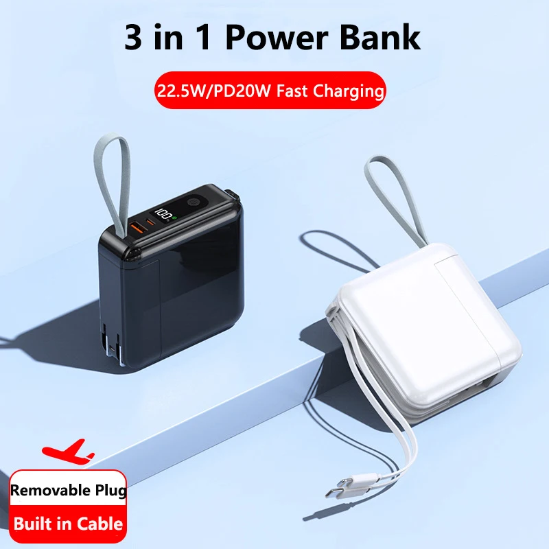 

Mini Power Bank 30000mAh Built in Cable Plug Wall Charger 22.5W Fast Charging for iPhone 15 Samsung S23 Huawei Xiaomi Powerbank