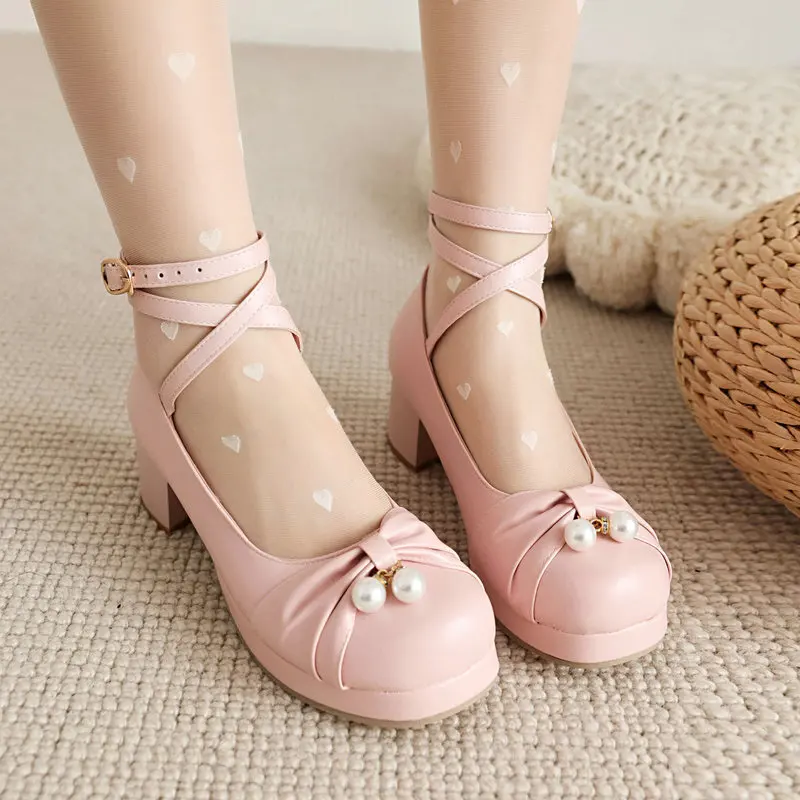 Children Girls High Heels Ankle Tape Women Pumps Sweet Bowknot Mary Jane Lolita Shoes Princess Cosplay Wedding Party Shoes 30-43