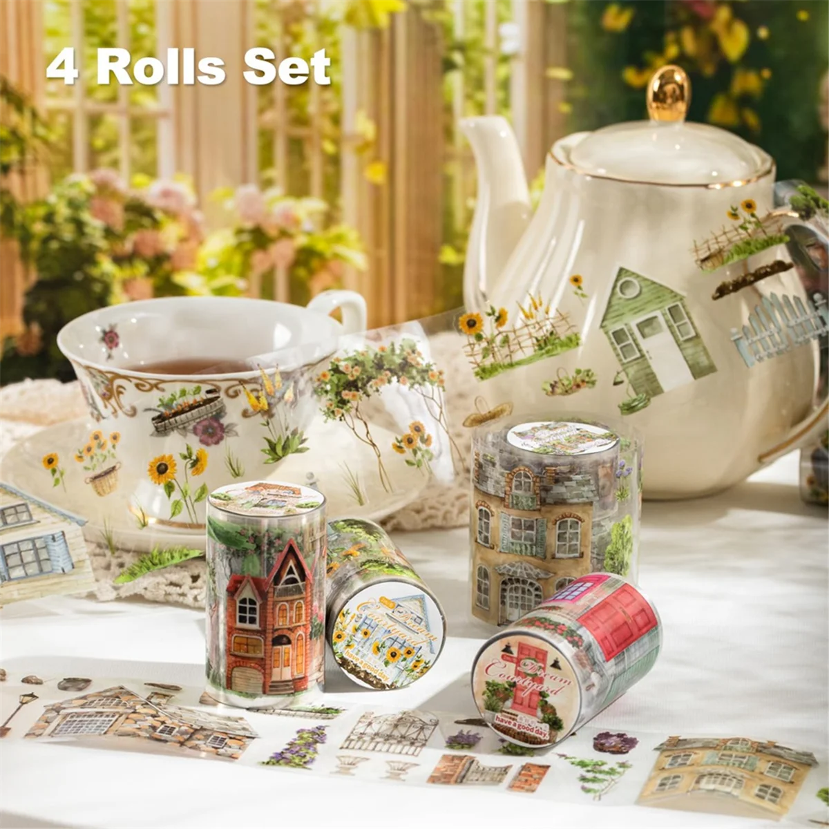 مجموعة شريط ABJG-PET، 4 لفات من الزائلة ذات المناظر الطبيعية الخلابة للمجلات غير المرغوب فيها، وسجل القصاصات، والحرف اليدوية، DIY