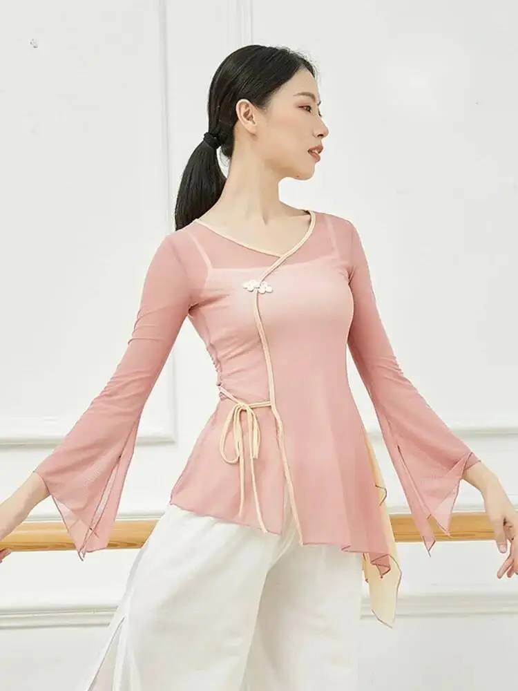 Top da ballo in rete patchwork con scollo a V per donna con maniche a campana Completo da performance classico Costume leggero e aderente per il palco