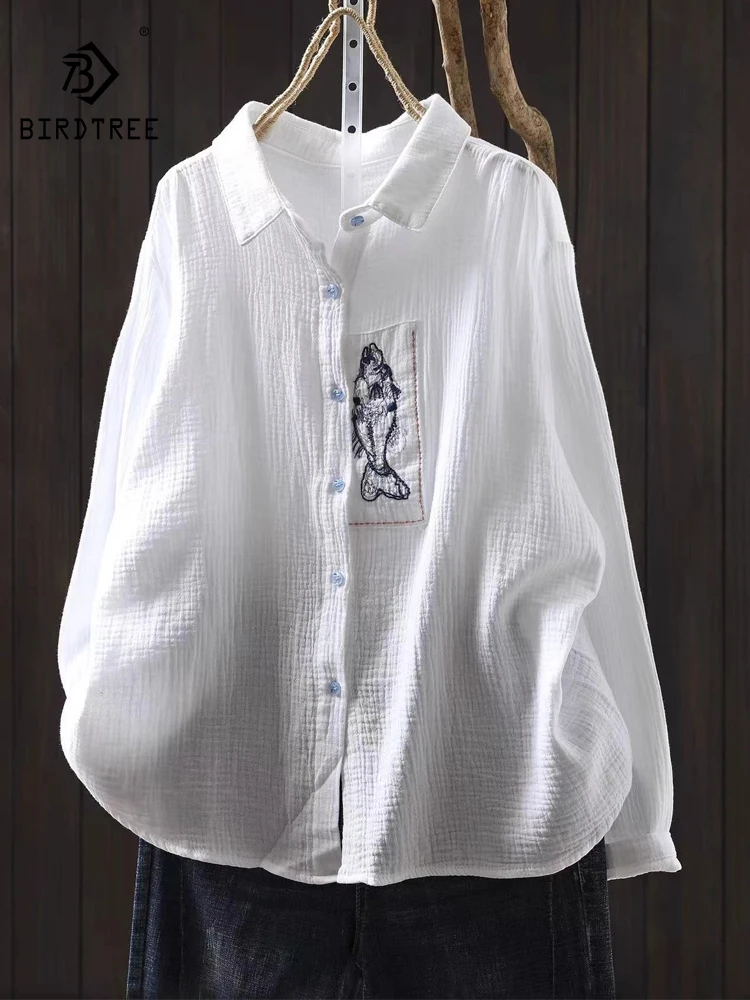 

Новинка 2025, осенняя рубашка с длинными рукавами из хлопковой пряжи, женская рубашка с отложным воротником и вышивкой, шикарная свободная блузка Mori Girl T59818CC