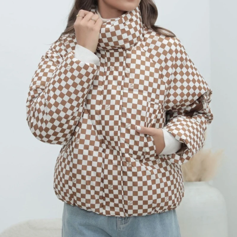 Damesmode warme geruite jas Wintermode katoenen jas Broodstijl Veelzijdige verdikte winterjas met lange mouwen voor dames