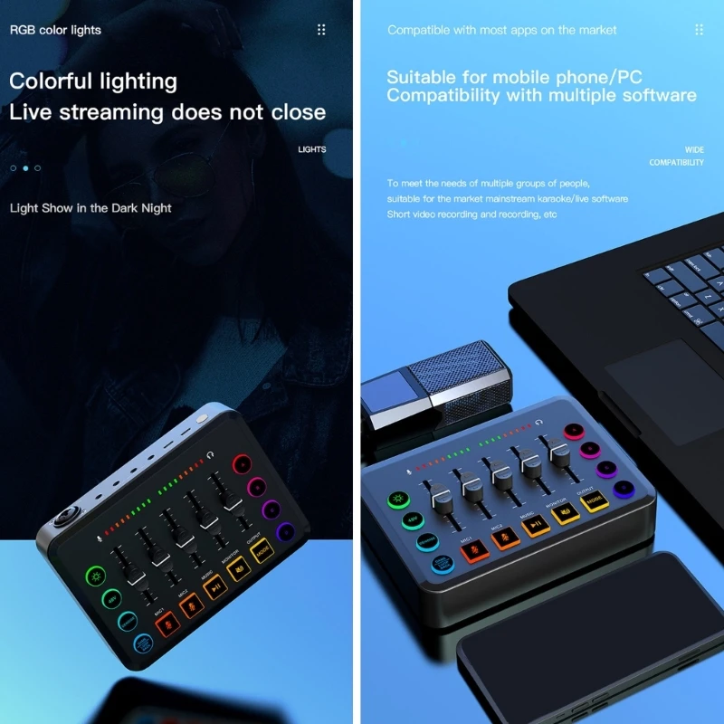 F9 Sound Mixer Live Sound Card with Colorful Lighting Live Sound Card For Multiple Devices PC and Mobile Phones