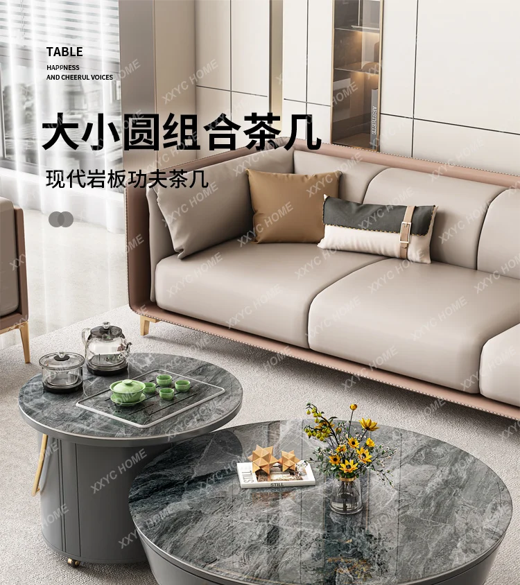 

Modern Light Luxury Living Room Size round Coffee Table Combination Simple Stone Plate Kung Fu Coffee Table Tea Table One