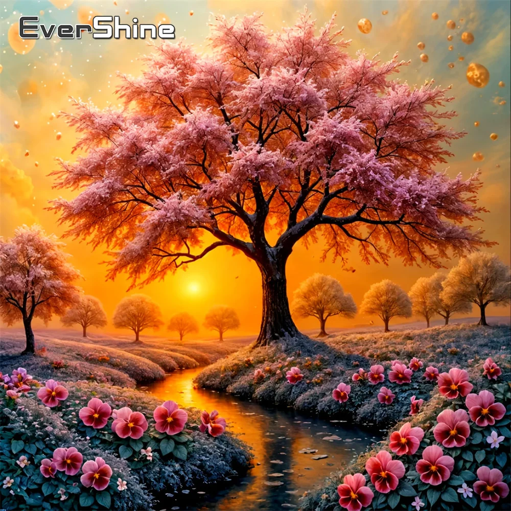 EverShine Diamant-Mosaik Landschaft Vollbesatz Quadratisches Gemälde Kirschbaum Bild Strass-Stickerei Mohnblumen Heimdekoration