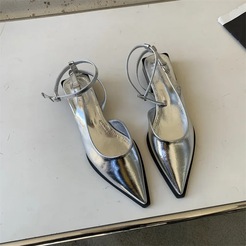 2024 Spring New Brand Women Pumps Shoes Fashion Silver Pointed Toe Ladies Elegant Slingback Sandals Zapatilla De Muje