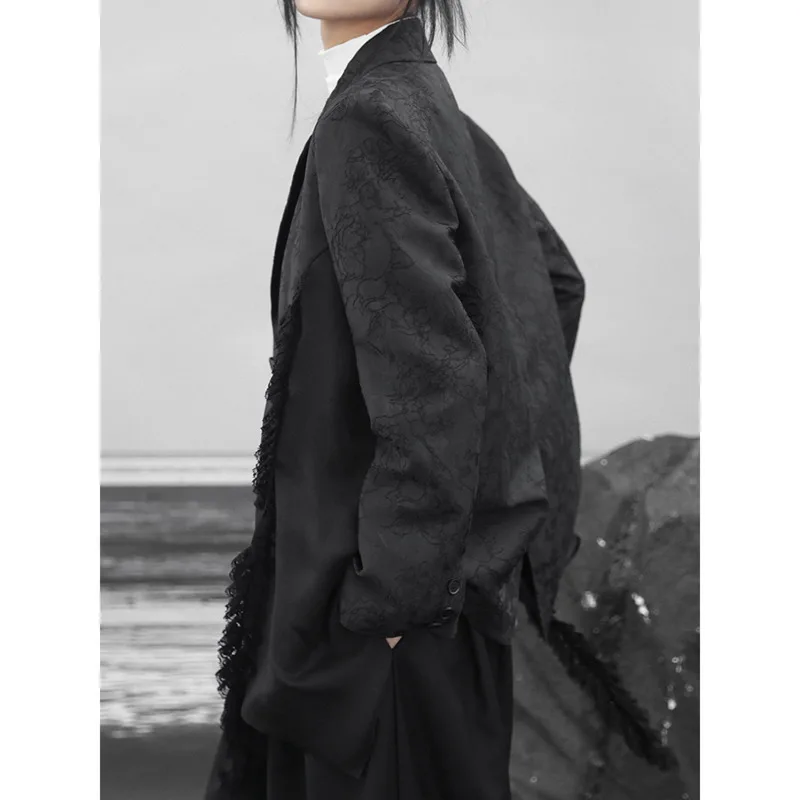 [Vibe] Schwarzer dreidimensionaler Blumen-Blazer für Damen, neues Revers, langärmelig, im Freien, lockere Passform, Jacke, Frühling und Herbst