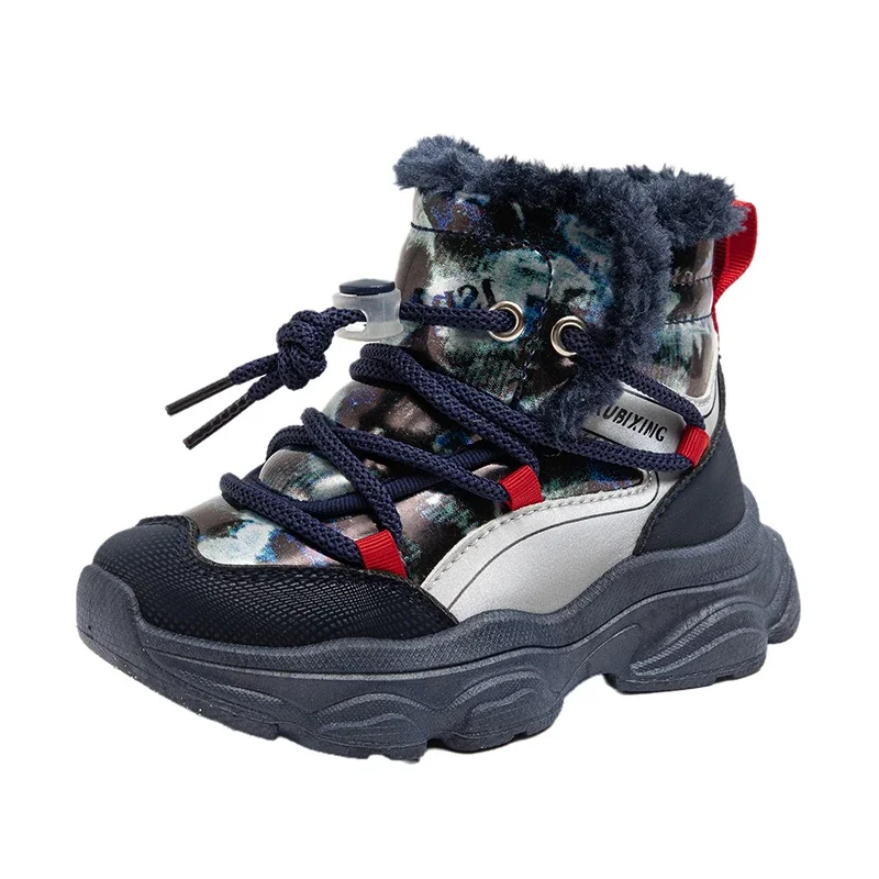 New Fashion Trend High Top Sports Shoes Anti Slip Rubber Bottom Children's Snow Boots Winter Boys and Girls Plush Warm Shoes