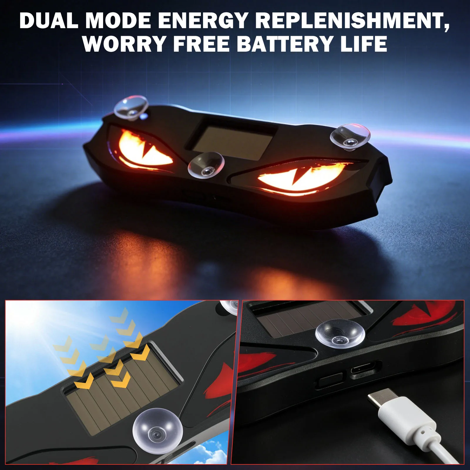Solar Powered Devil Eye LED Light Wireless Dynamic Flashing Warning Lamp Car Rear Windshield Demon Eye Ambient Decoration Light