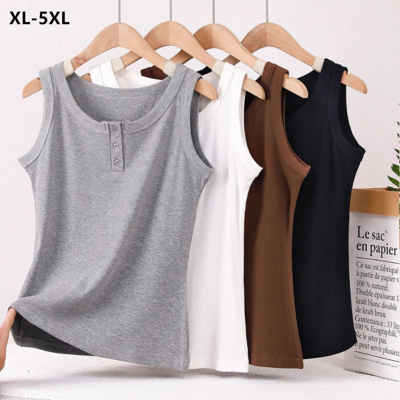 

Plus Size 5XL 100KG Women Summer Tanks Sleeveless Undershirt White Black Buttons Basic Tshirts Ribbed Camis Female Sexy Tops
