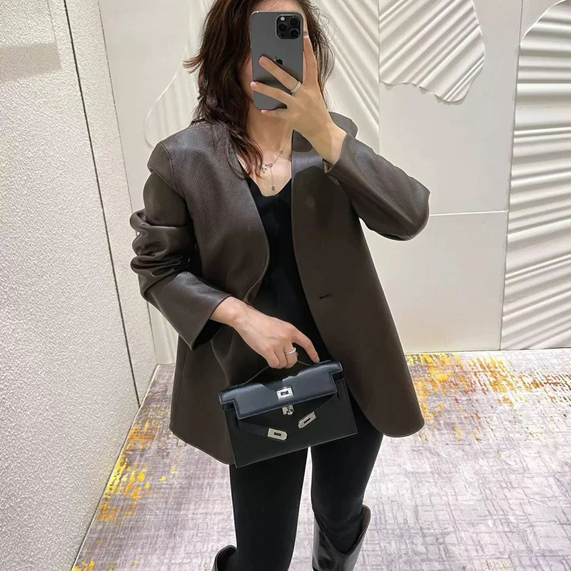 Veste en cuir pour femmes, mode printemps-automne, café, Grain Litchi, peau de chèvre, un bouton, col en v, veste de costume, technologie Composite