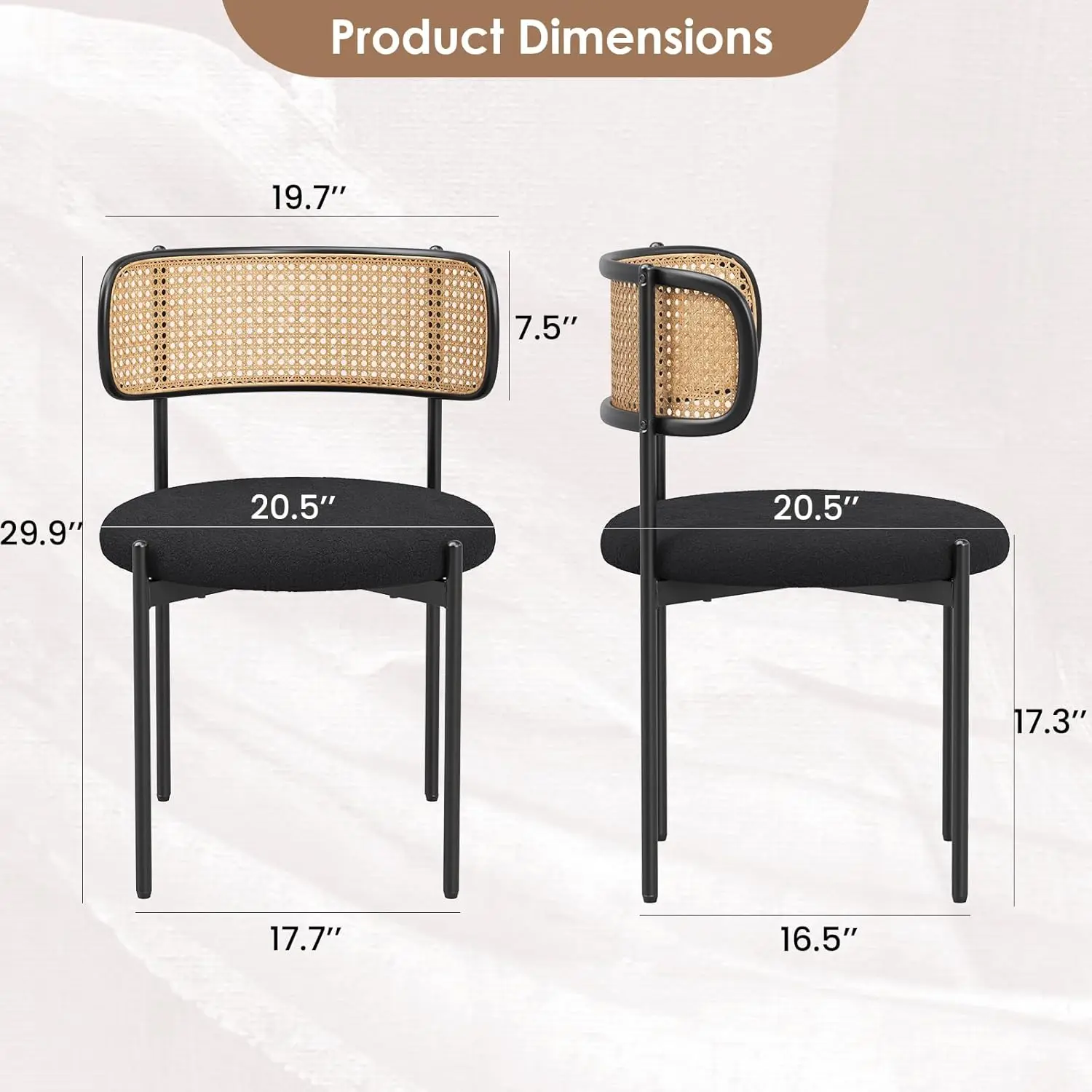 Kitchen Chairs Set of 4, Mid-Century Modern Dining Chairs,Rattan Backrest Round Upholstered Sherpa Dining Chairs,Black