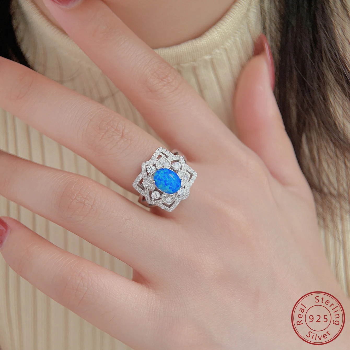 2023 Europe and America 925 Sterling Silver Ring Flower pattern Blue opal Stone With For Women Valentine\'s Day Romantic Gift