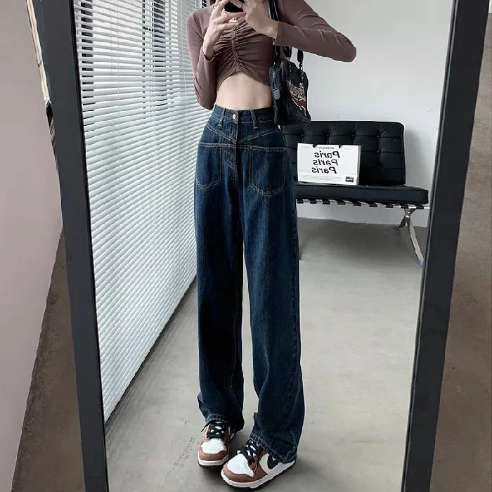 

High Waist Straight Leg Blue Grey Denim Jeans Women's Autumn 2023 New Style Slimming Tapered Vintage Draping Floor-Length Wid...