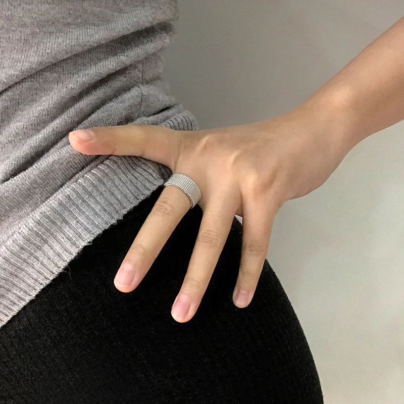 Shuangshuo Minimalist Fashion Elastic Mesh Stainless Steel Ring Retro Circle Woven Mesh Rings for Women Men Friendship Gift