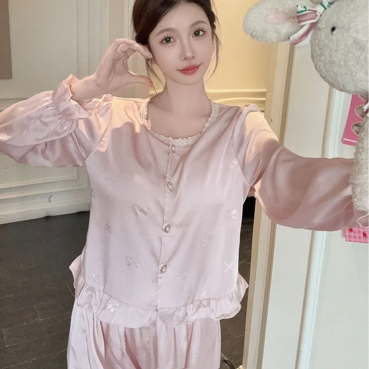

Luxury Silky Satin Pajama Women Chinese Style Jacquard 2PCS Sleep Set Homewear Spring New Long Sleeve Trouser Suits Nightwear