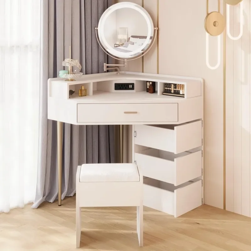 Corner Vanity Desk Makeup Vanity Table with Extendable Mirror and Lights Makeup Dressing Table with Drawers